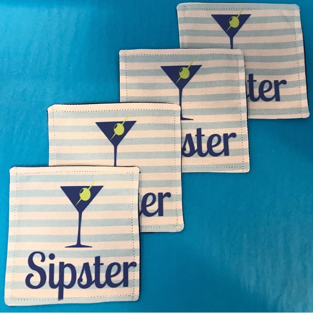 Set of 4 Sipster drink coasters, NEW, never used. Martini glass,solid blue back.